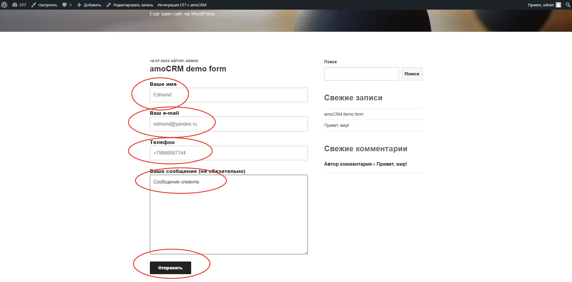 Contact Form 7 Wordpress интеграция с amoCRM